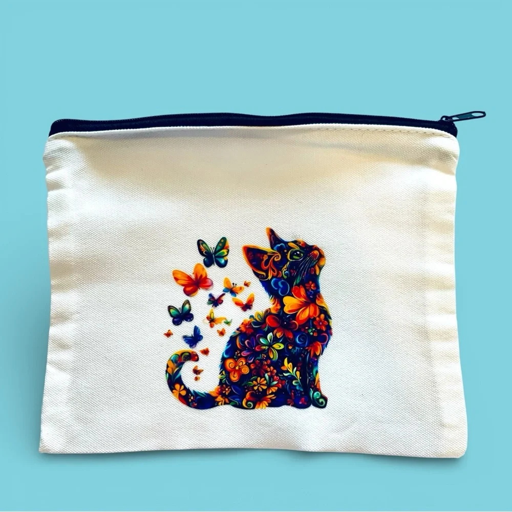 Canvas ‘Butterfly Kitty’ Design Cosmetic’ Feminine Hygiene Pouch Bag. Handmade